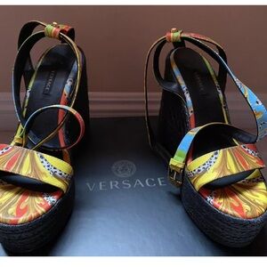 Versace Black and Yellow Platform Sandals with Bold Design